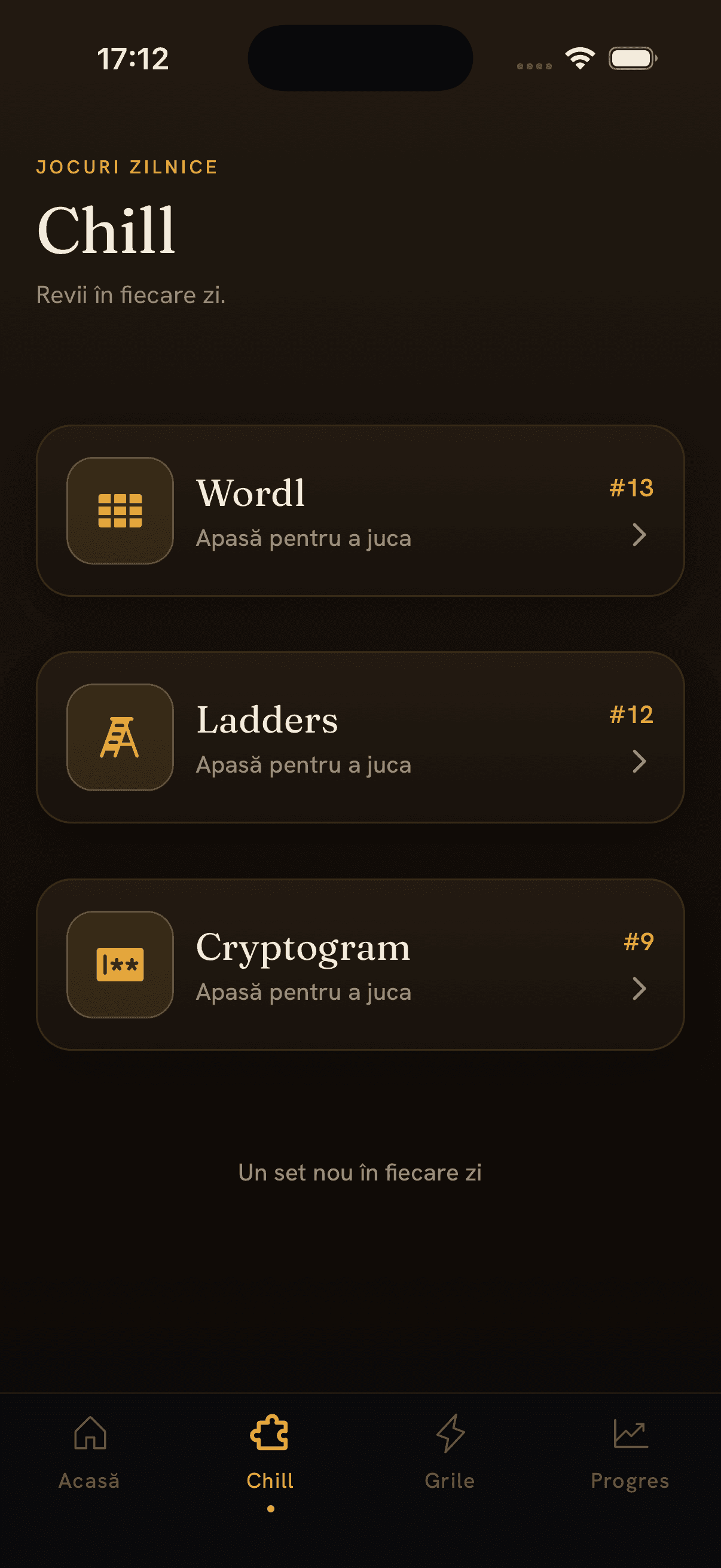 Ecranul Chill cu cele trei jocuri zilnice: Wordl, Ladders și Cryptogram.