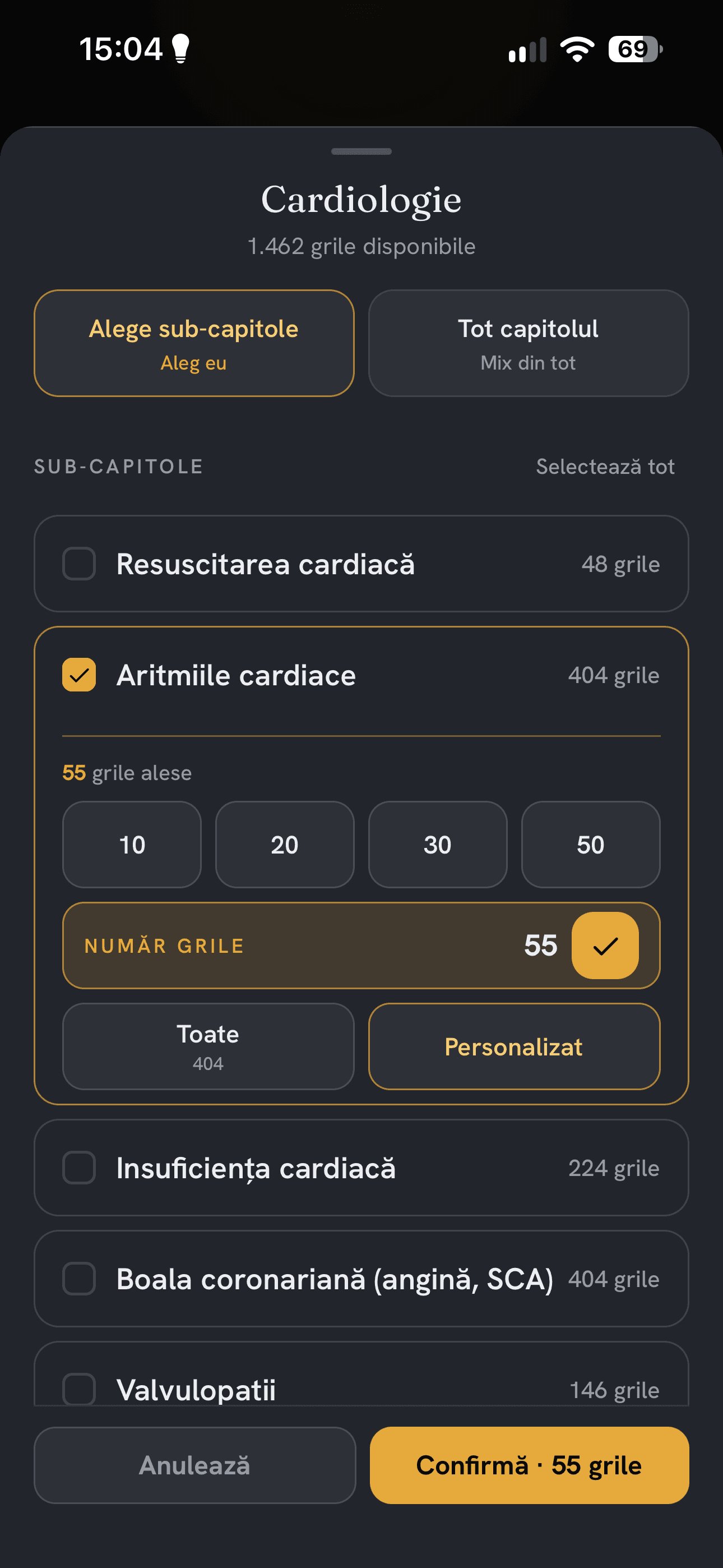 Sheet cu presetările pentru numărul de grile: 10, 20, 30, 50, Toate, Personalizat.