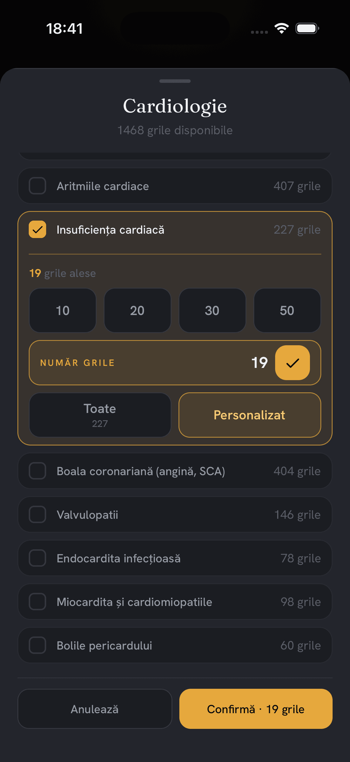 Sheet cu presetările pentru numărul de grile: 10, 20, 30, 50, Toate, Personalizat.