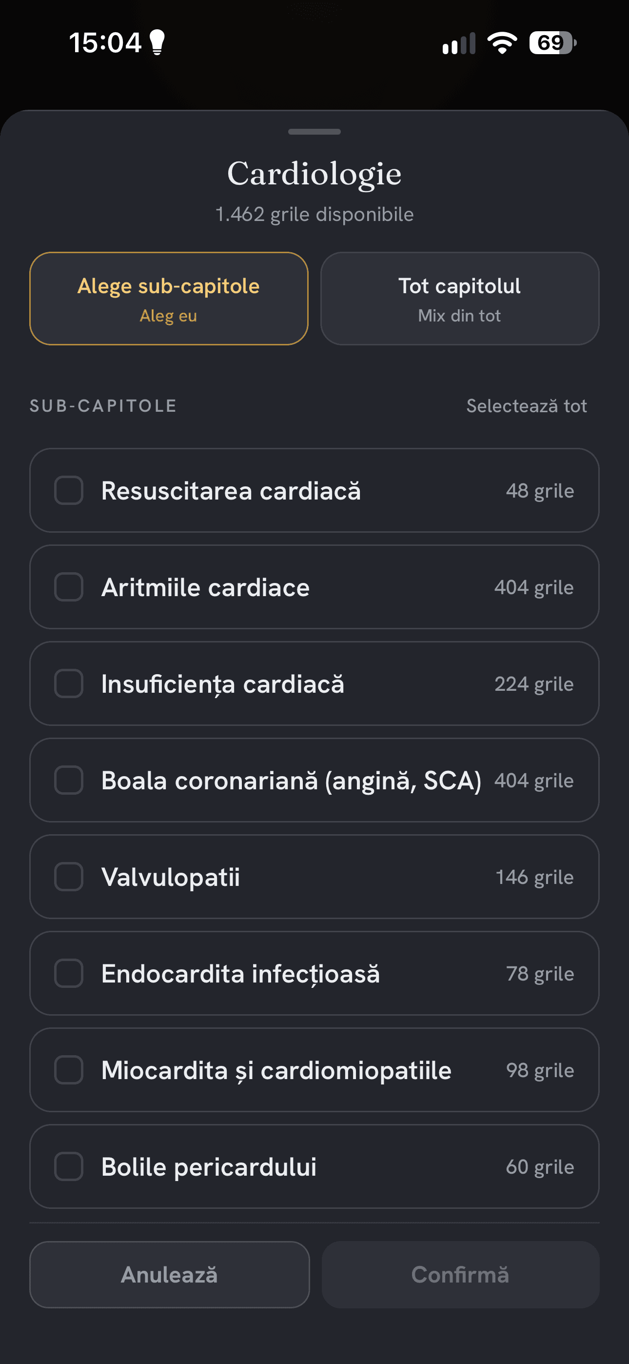 Capitolul Cardiologie deschis, cu sub-capitolele de bifat.