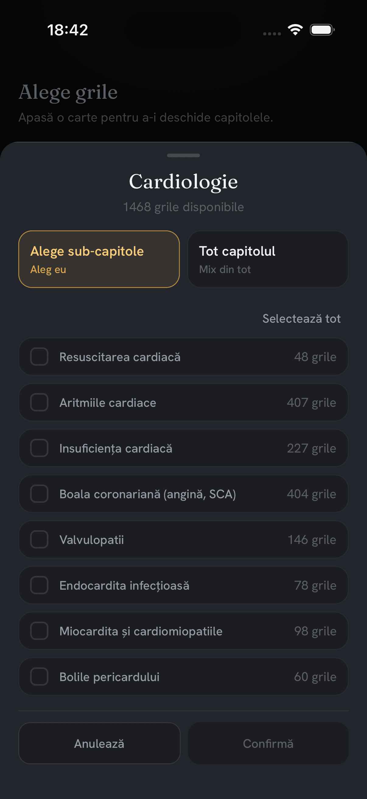 Capitolul Cardiologie deschis, cu sub-capitolele de bifat.