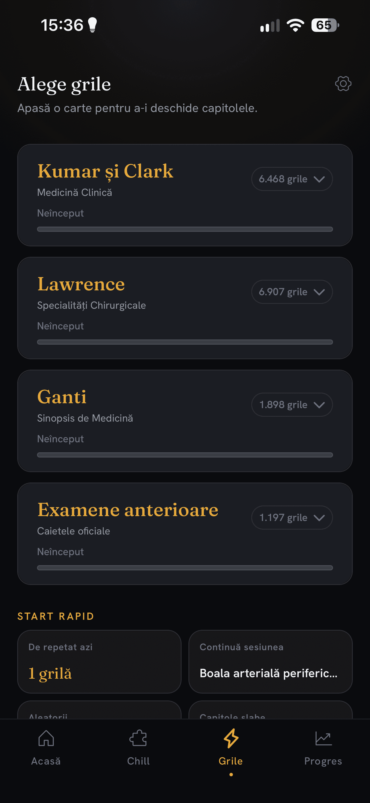 Ecranul de alegere a grilelor: Kumar și Clark, Lawrence, Ganti și Examene anterioare.