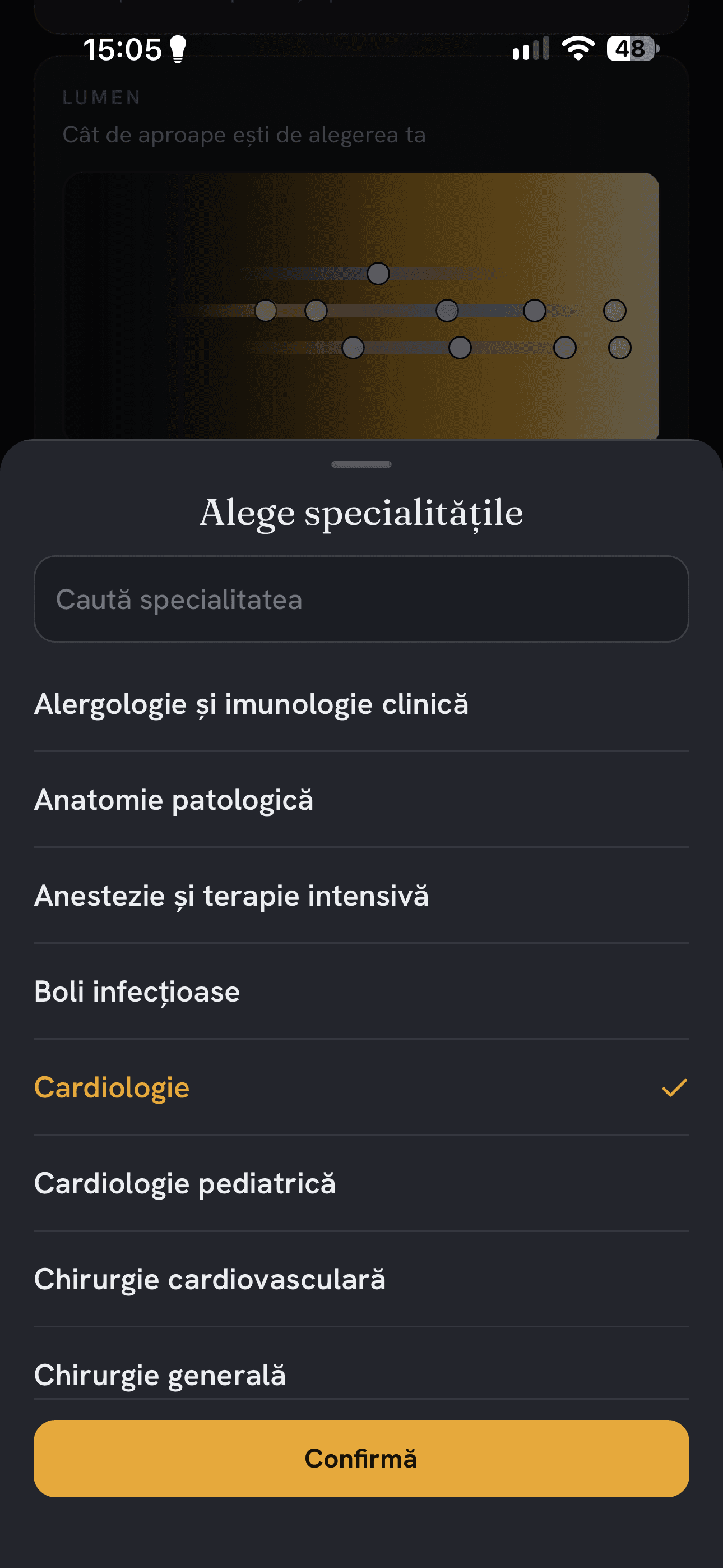 Sheet-ul Alege specialitățile din Lumen, cu lista de specialități, Cardiologie bifată și butonul Confirmă.